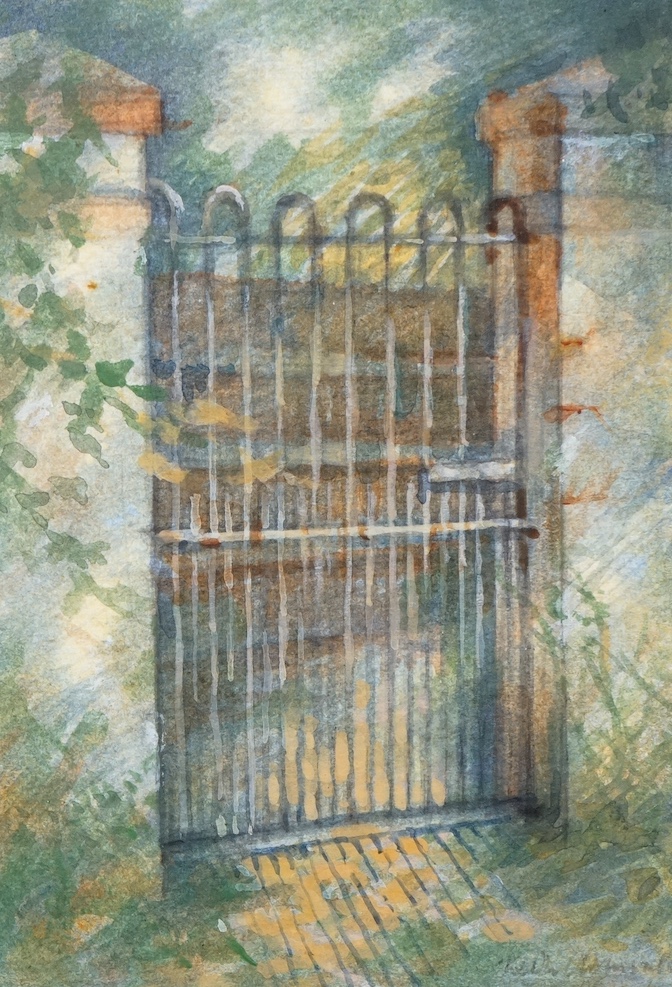 Keith Clements, two acrylics on paper, to include ‘Gateway at Iford', signed, label verso, 13 x 9cm. Condition - good